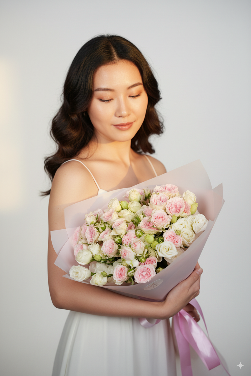 Eustomas and spray roses