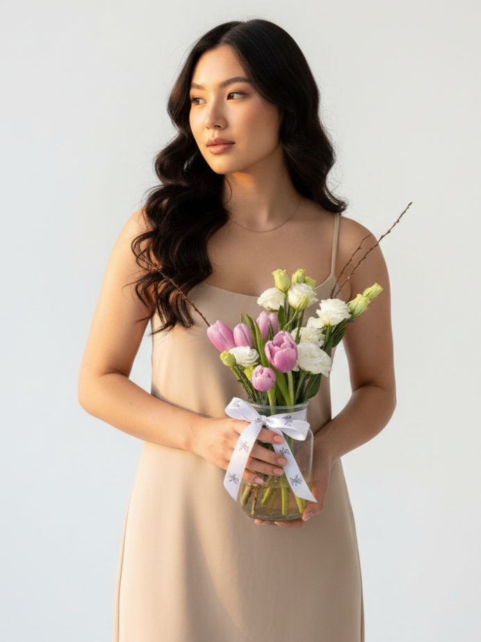 Vase with tulips. Lavander