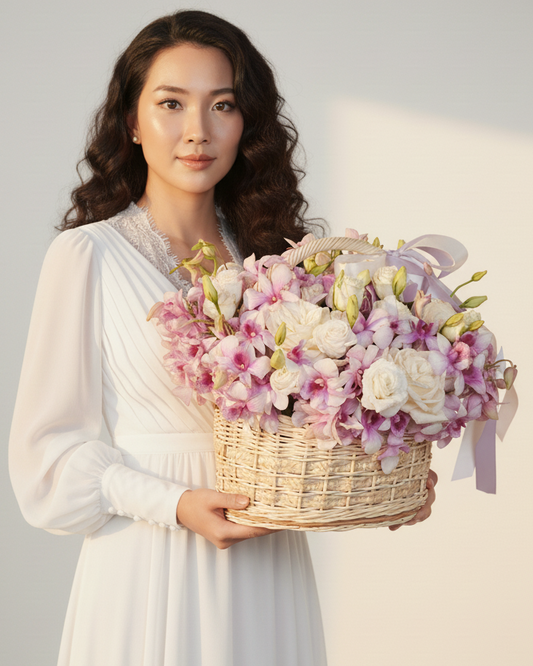 Basket with orchid and ohara rose
