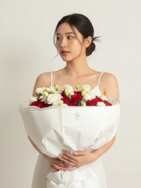 A bouquet of red roses and eustoma. Size XL