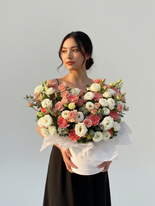 Author's composition with eustoma and bush roses