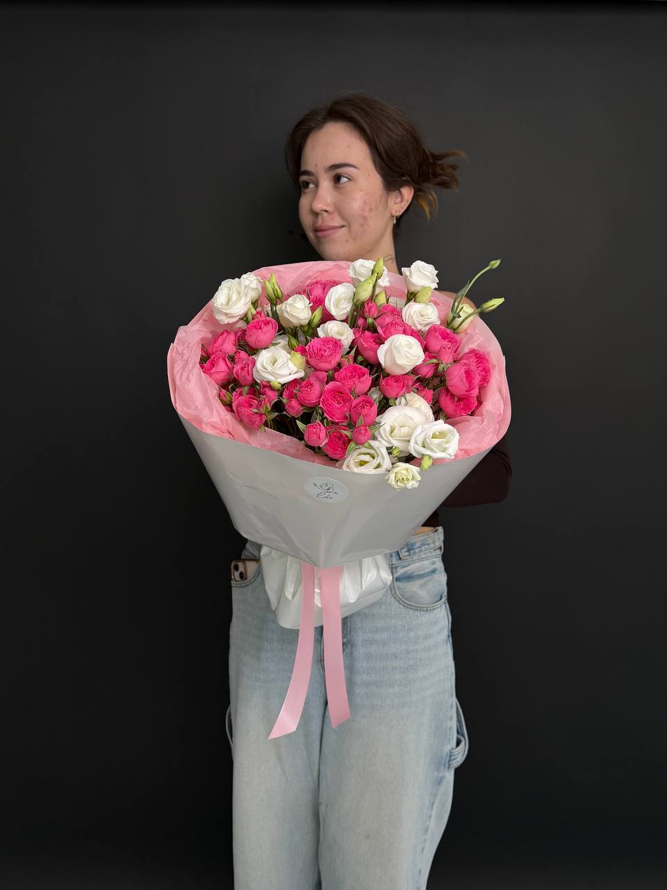 Mix bouquet with bush rose and eustoma. Size S