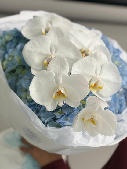 A bouquet of hydrangeas with a set of balloons