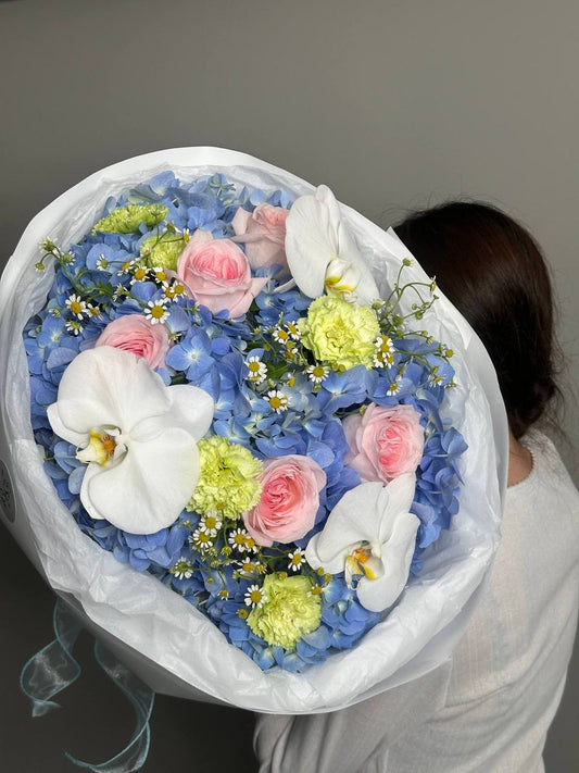 Blue Hydrangea and Orchid Bouquet
