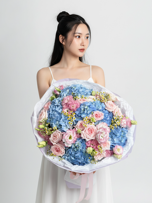 A bouquet with hydrangeas, peony roses, and eustoma. Size L