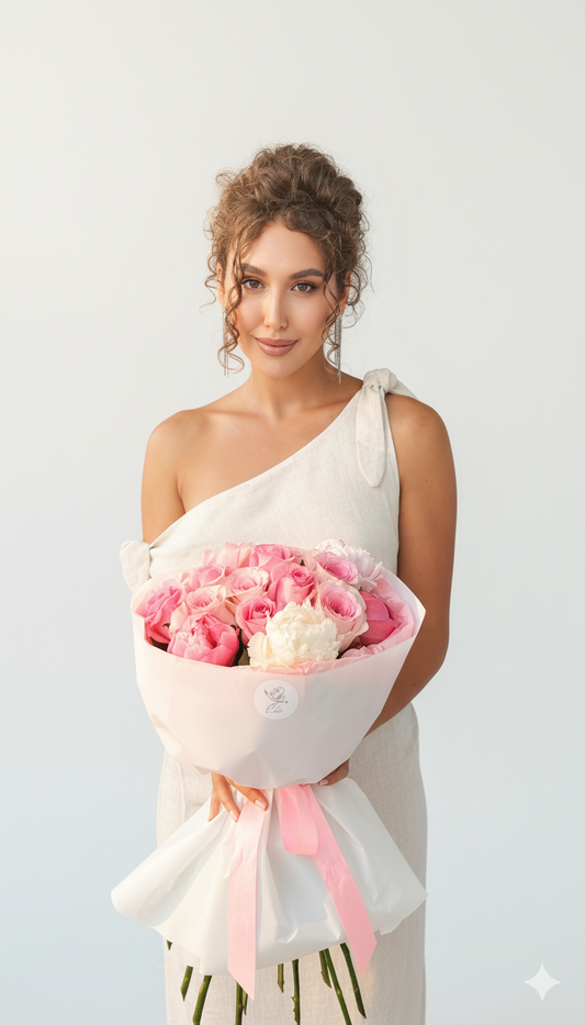 Букет розовых роз с пионами