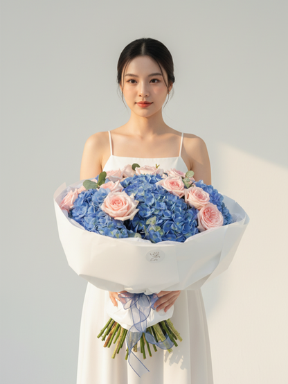 A bouquet of 7 hydrangeas and 15 O'Hara roses
