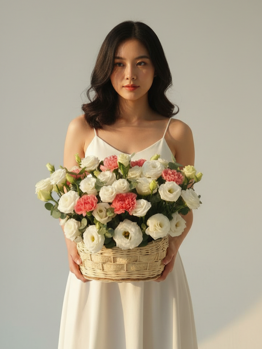 Корзина с эустомой, гвоздикой и эвкалиптом