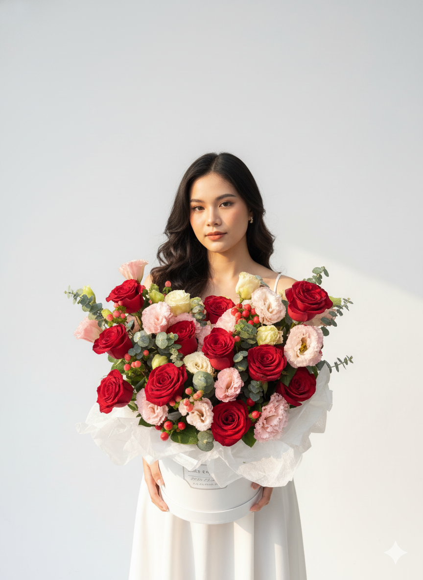 Композиция из роз и эустом в коробке