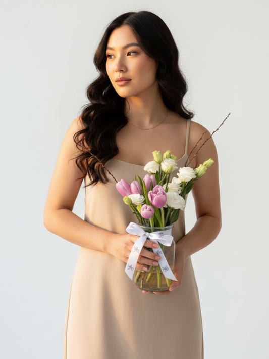 Vase with tulips. Lavander